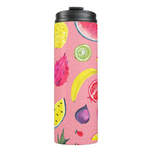 Termo Patrón tropical sin foco de fruta exótica. Hand dr