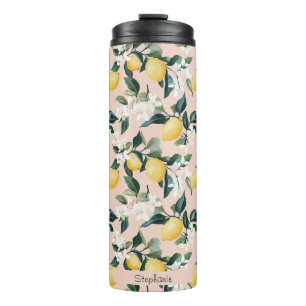 Termo Patrón vintage de limón y flores en rosa