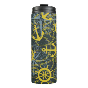 Termo Patrón vintage náutico, ancla y mapa.