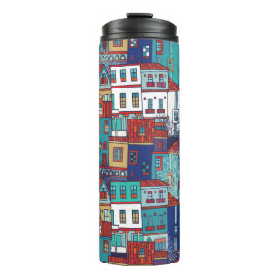 Termo Patrón vintage sin foco con casas coloridas