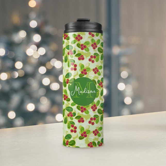 Termo Patrón y monograma de arándano festivo, verde (Festive Cranberry Pattern & Custom Monogram Tumbler)