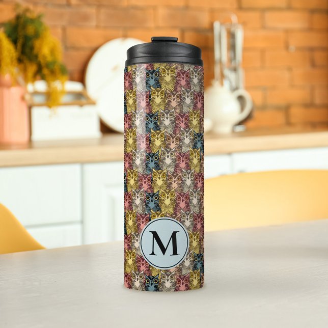Termo Patrón y monograma de la lechuza Boho Woodland (Owl Pattern Monogram Tumbler)