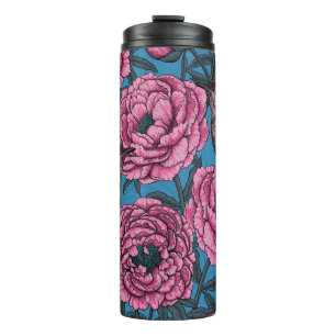 Termo Peonies y wrens en azul