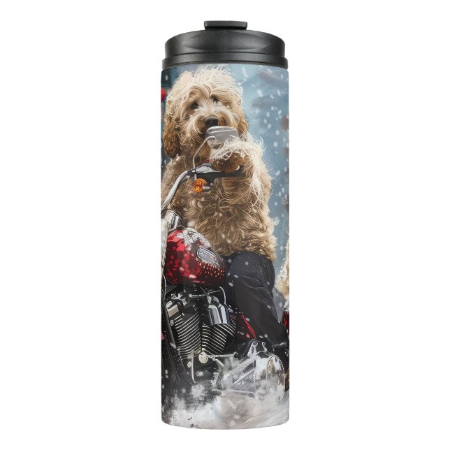 Termo Perrito Goldendoodle montando motocicleta Navidad  (Anverso)