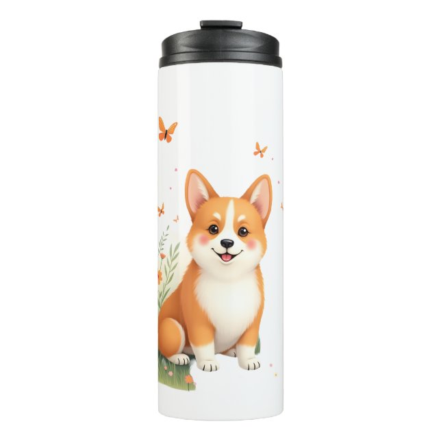 Termo Perro Akita con flor y camiseta con mariposa (Anverso)