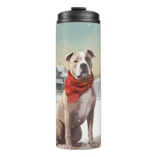 Termo Perro American Staffordshire en Navidad con nieve