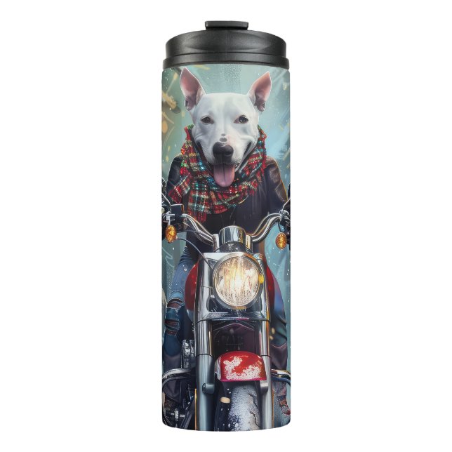 Termo Perro Bull Terrier montando motocicleta Navidad (Anverso)