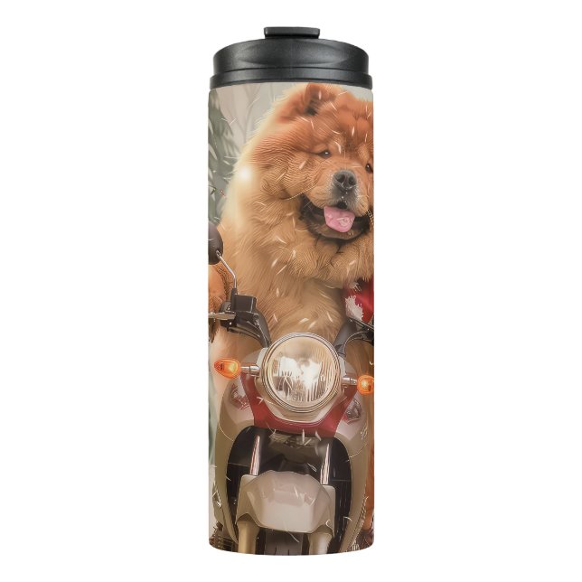 Termo Perro Chow Chow montando motocicleta en Navidad (Anverso)