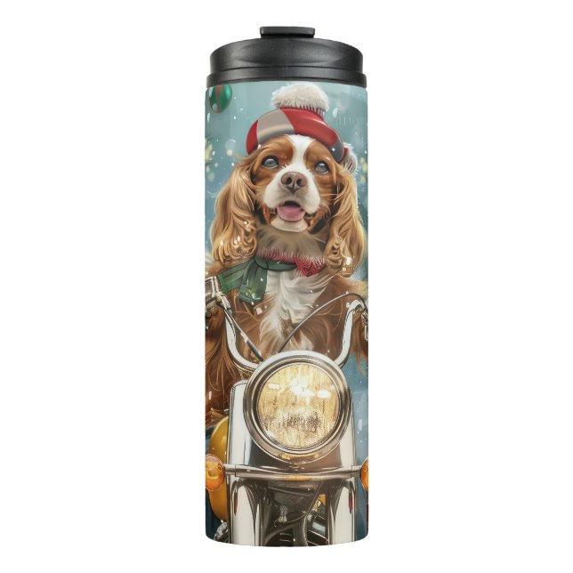 Termo Perro Cocker Spaniel montando motocicleta Navidad  (Anverso)