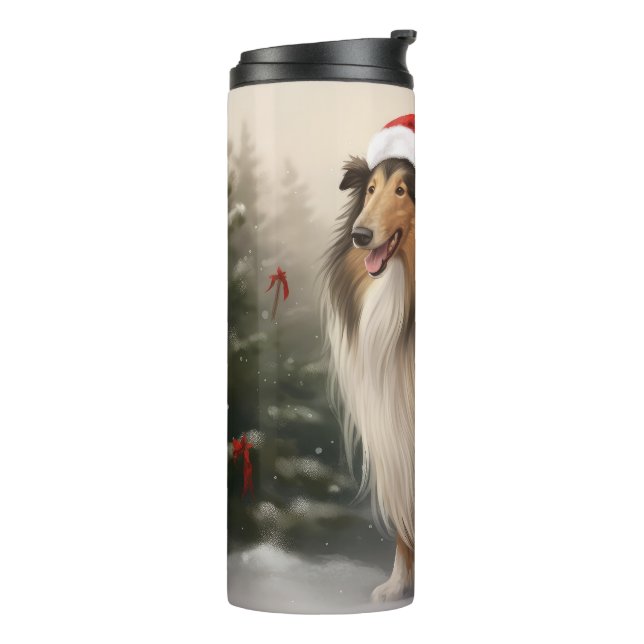 Termo Perro Collie Áspero en Navidad con Nieve (Rotado hacia la izquierda)