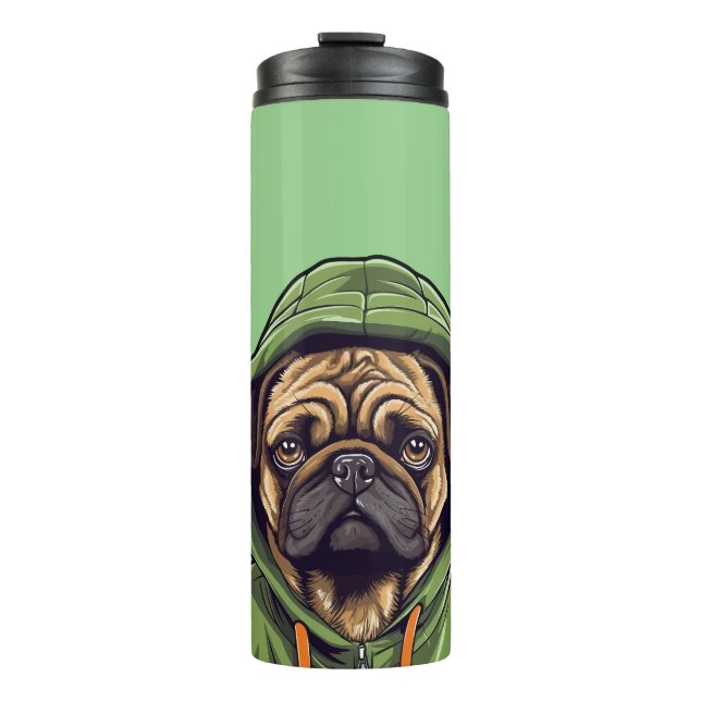 Termo Perro de Pug con capucha verde (Anverso)