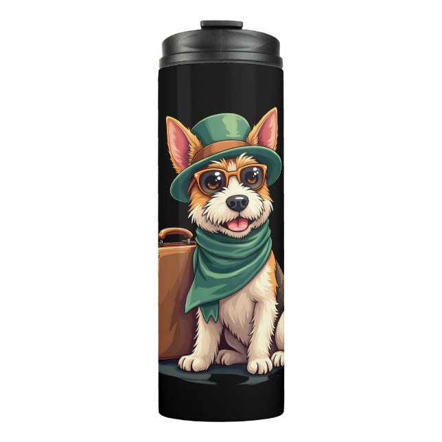 Termo Perro divertido viajando con gráfico de bolsos par (Anverso)