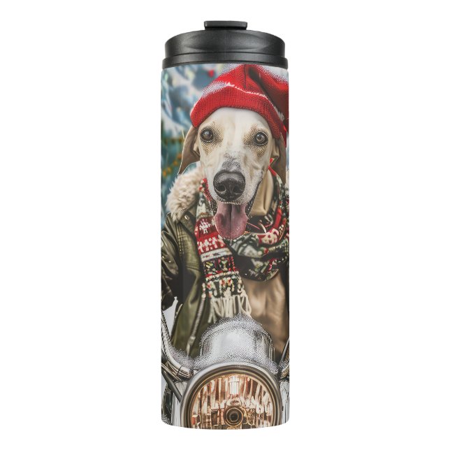 Termo Perro Galgo Montando Motocicleta Navidad  (Anverso)
