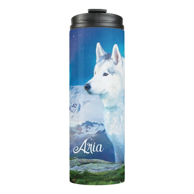 Termo Perro Husky personalizado con montañas (Anverso)