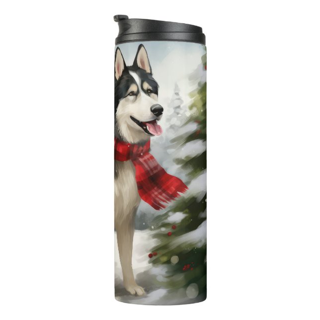 Termo Perro Husky Siberiano en Navidad con Nieve (Rotado hacia la derecha)