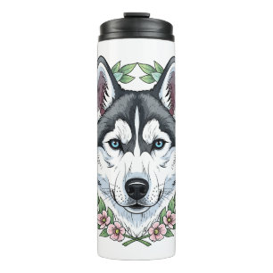 Termo Perro Husky Siberiano y flores de Laurel de Montañ
