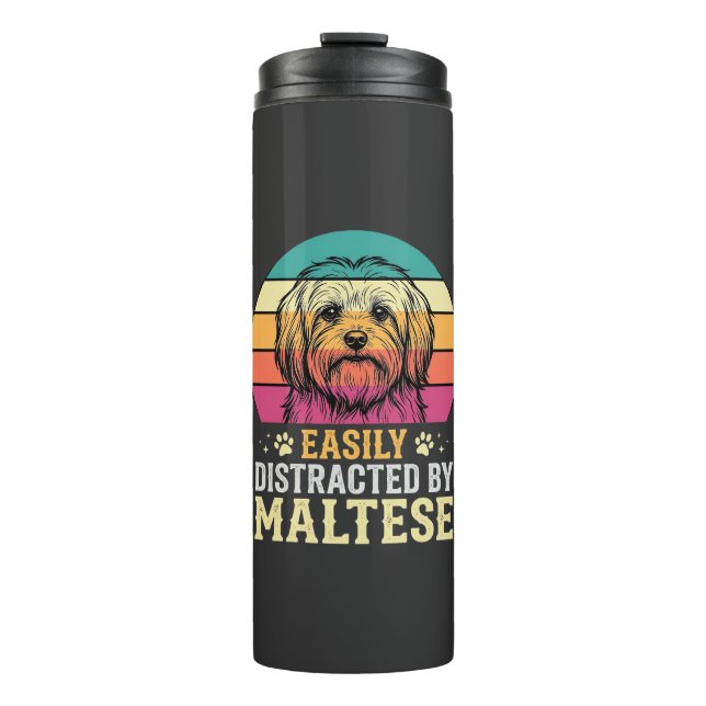 Termo Perro maltés distraído en puesta de sol retro (Anverso)