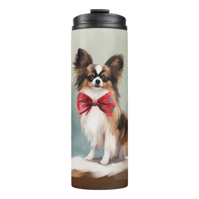 Termo Perro Papillon en Navidad con nieve  (Anverso)