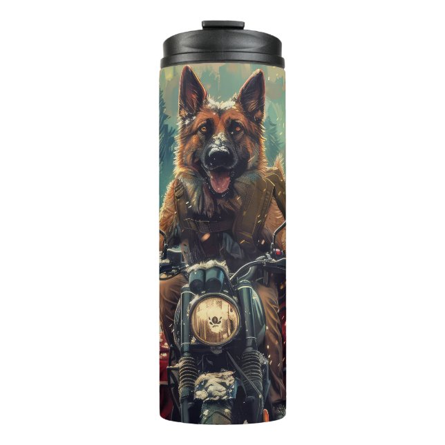 Termo Perro pastor belga montando motocicleta Navidad (Anverso)