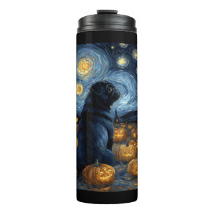 Termo Perro Pug negro de la noche estrellada de van gogh