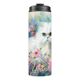 Termo Persian Cat Blue Eyes in Pink Flowers Personalized