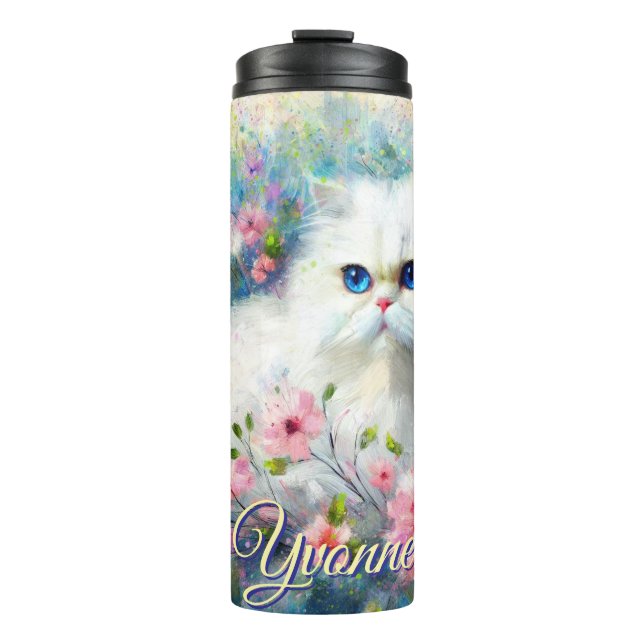 Termo Persian Cat Blue Eyes in Pink Flowers Personalized (Anverso)