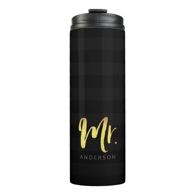Termo Personalice el nombre Mr. Faux Gold y Black Stripe (Anverso)