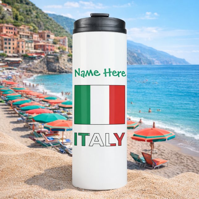 Termo Personalización verde de la bandera italiana de It (Personalized thermal tumbler with the Italian Flag and the word ITALY below. Above add name in green)