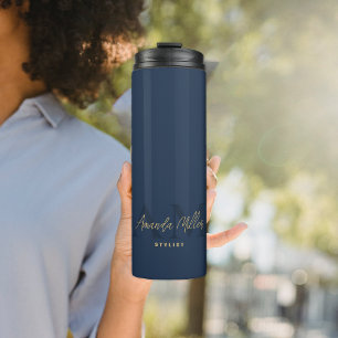 Termo Personalizado Con Nombre Navy Monograma De Oro Azu