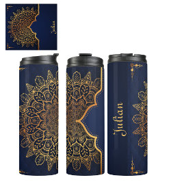 Termo Personalizado Elegant Dark Blue Faux Gold Mandala