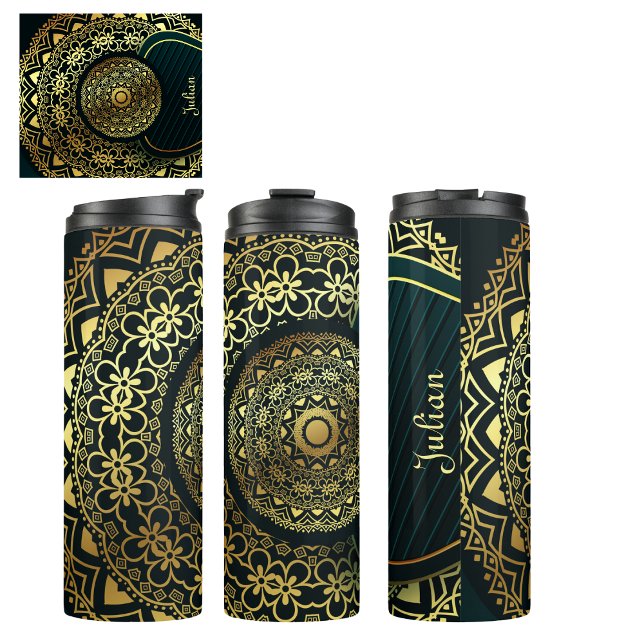 Termo Personalizado Elegant Green Faux Gold Mandala (Beautiful elegant mandala for friends or bridesmaids gifts. Customize it for that personal touch.)
