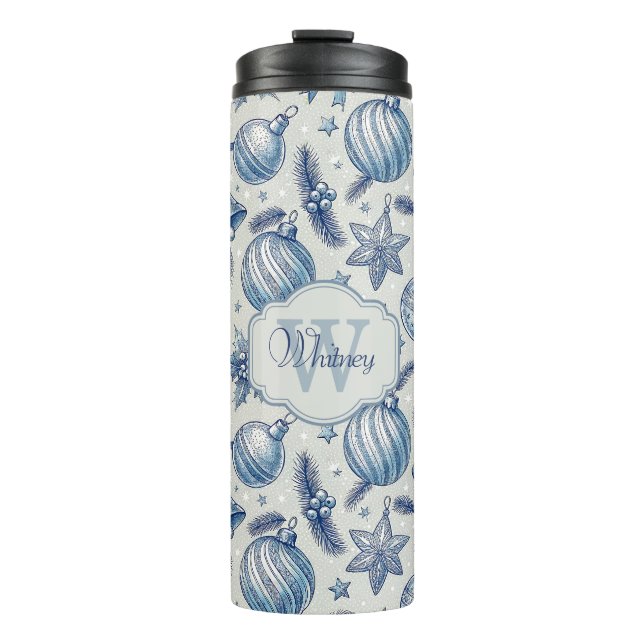 Termo Personalizado Monograma Blue Toile Ornamentos de N (Anverso)