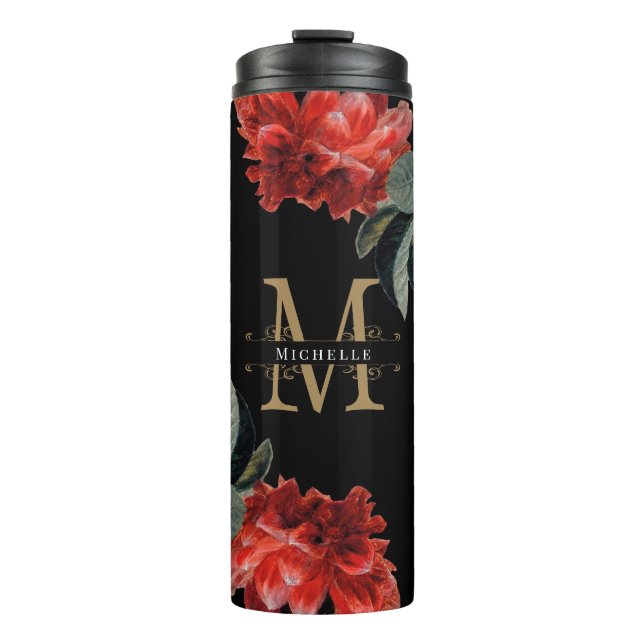 Termo Personalizado Monograma Rojo Floral Oro Elegante N (Anverso)