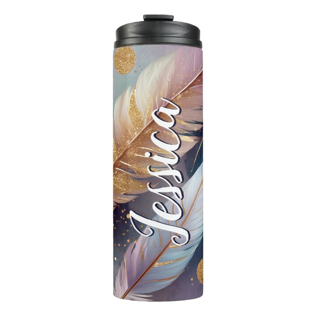 Termo Personalizado Pastel Pink Gold Feathers Girly Gift (Anverso)