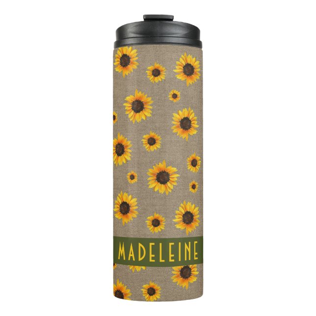 Termo Personalizado verde aceituna con flor de girasol (Anverso)