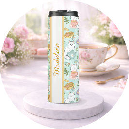Termo Personalized Tea Book Cat Girl Pastel Mint Green 