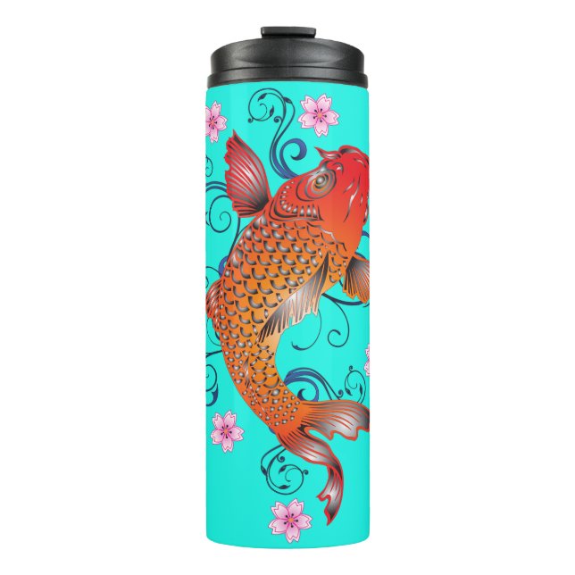 Termo Pescado de Koi naranja floral oriental turquesa el (Anverso)