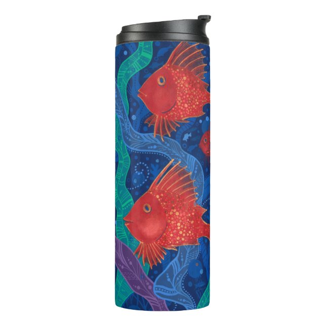 Termo Pescado rojo, algas marinas, animales marinos, art (Rotado hacia la izquierda)