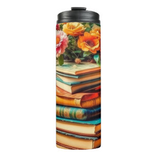 Termo Pile antiguo de libros y flores de época