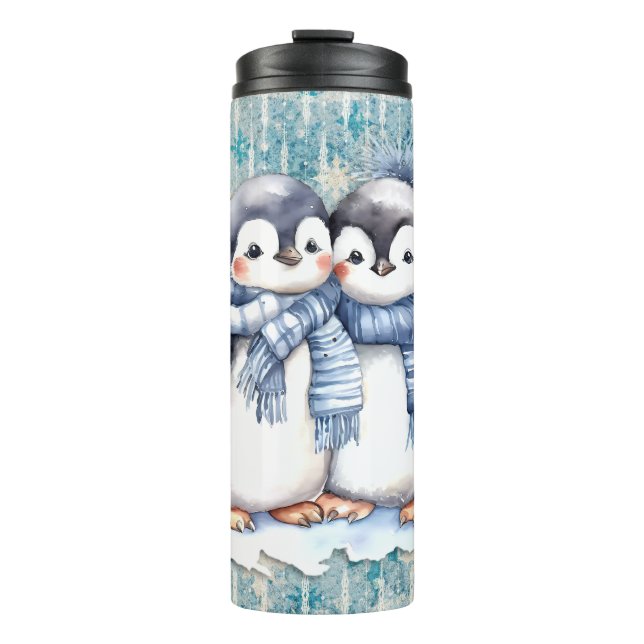 Termo Pingüinos de acuarela azul invernal con escarabajo (Anverso)