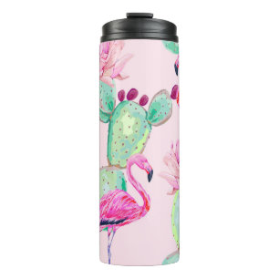 Termo Pink flamingo, exotic birds, gentle flowers, rose,
