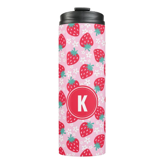 Termo Pink Red Strawberries Floral  Pattern Monogram (Anverso)