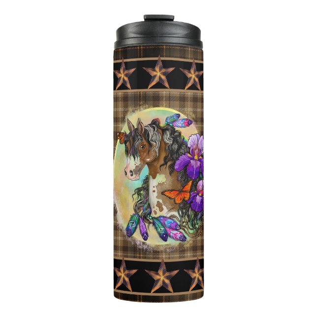 Termo Pintar caballo Mustang con iris y mariposas (Anverso)