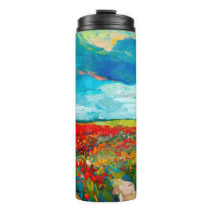 Termo pintura al óleo de campos de flores sobre lienzo.