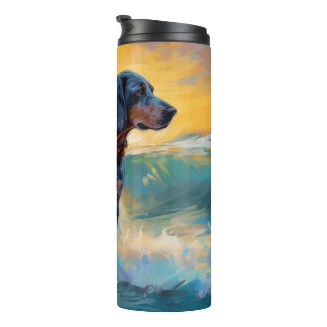 Termo Pintura de Bluetick Coonhound Beach Surfing (Rotado hacia la derecha)