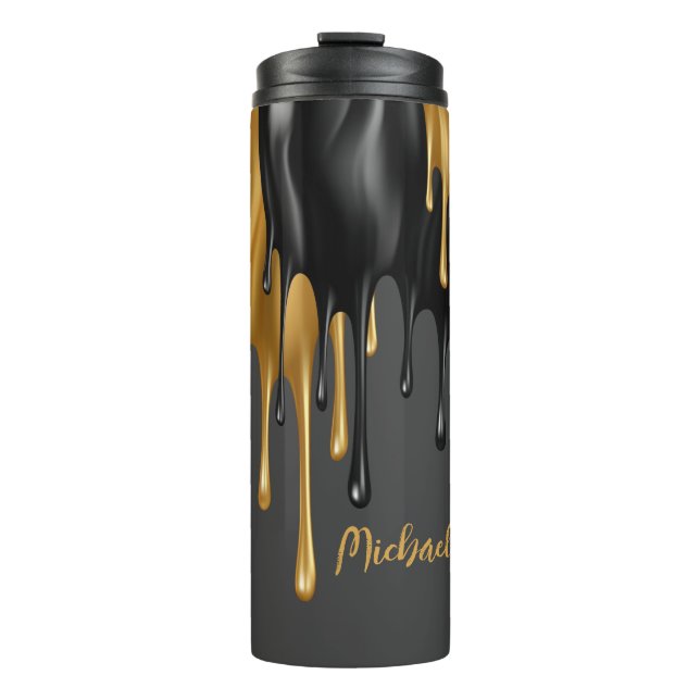 Termo Pintura de goteo en negro y oro personalizada (Anverso)