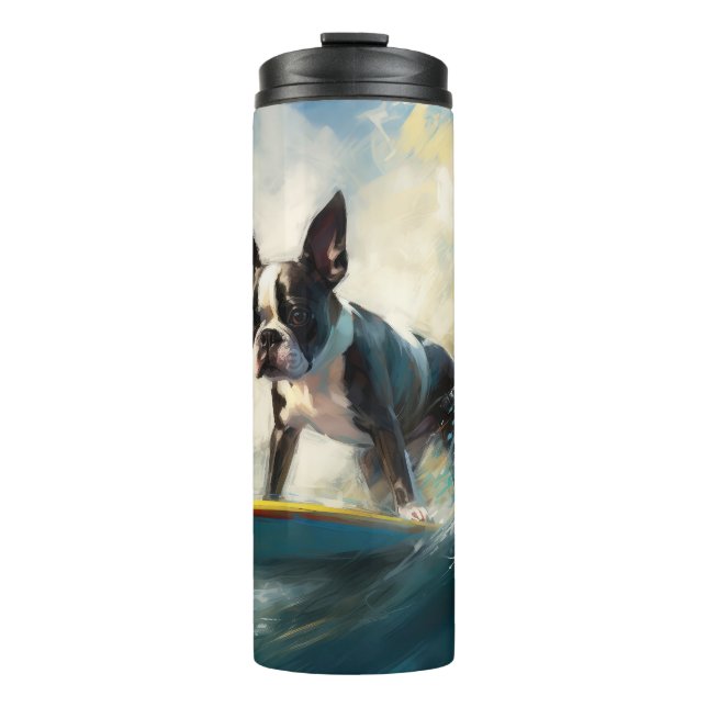 Termo Pintura de surf en la playa de Boston Terrier (Anverso)