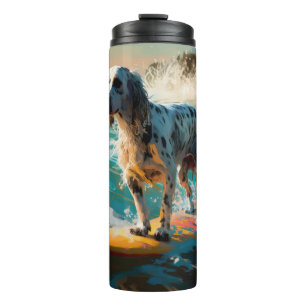 Termo Pintura de surf en la playa del Setter inglés