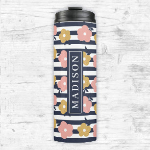 Termo Plantilla de nombre personalizado Floral azul de m