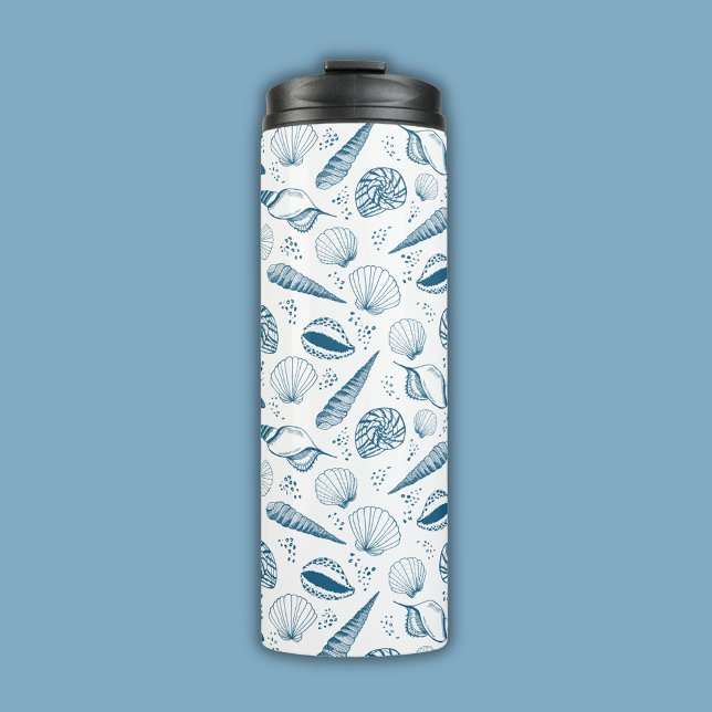 Termo Playa de Seashell Blue White (Coastal chic blue seashell nautical beach vibe thermal tumbler)